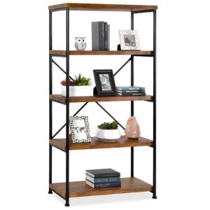 5-Tier Industrial Bookshelf w/ Metal Frame, Wood Shelves