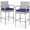 Set of 2 Indoor Outdoor Wicker Bar Stools w/ Cushion, Footrests, Armrests