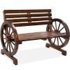 2-Person Rustic Wooden Wagon Wheel Bench w/ Slatted Seat and Backrest