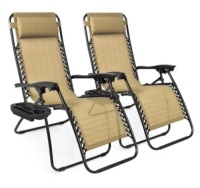 Set of 2 Adjustable Zero Gravity Patio Chair Recliners w/ Cup Holders, Beige
