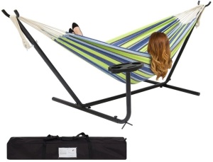 Double Outdoor Hammock Set w/ Steel Stand, Cup Holder, Tray, and Carrying Bag - Blue/Green Stripe,APPEARS NEW