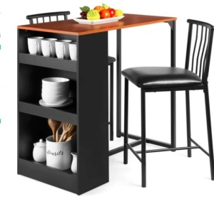 3-Piece Counter Height Kitchen Dining Table Set w/ Storage Shelves,E-COMMERCE RETURN