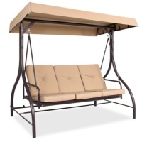 3-Seat Outdoor Canopy Swing Glider Furniture w/ Converting Flatbed Backrest, Tan