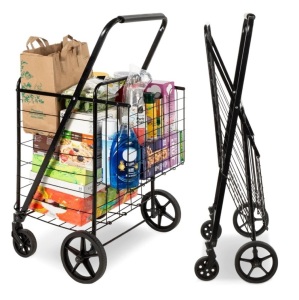 Folding Steel Grocery Cart w/ Double Basket, Swivel Wheels, 220lb Cap,APPEARS NEW