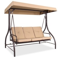 3-Seat Outdoor Canopy Swing Glider Furniture w/ Converting Flatbed Backrest, Tan