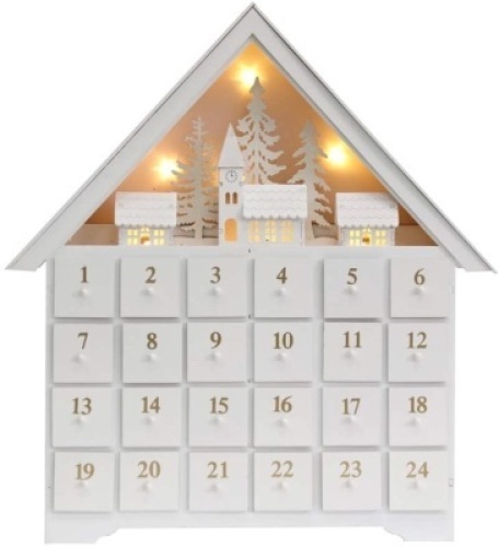 PIONEER-EFFORT 18 Inch Christmas White Wooden Advent Calendar House with 24 Drawers and Led Lights Countdown to Christmas Decoration - Appears New&nbsp;