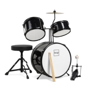 Kids Beginner 3-Piece Drum, Musical Instrument Set w/ Sticks, Stool, Pedal, Black