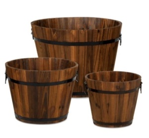 Set of 3 Rustic Wood Bucket Barrel Garden Planters Set w/ Drainage Holes