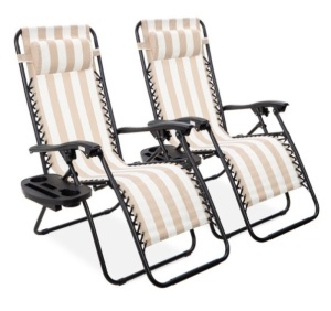 Set of 2 Adjustable Zero Gravity Patio Chair Recliners w/ Cup Holders, Tan Striped