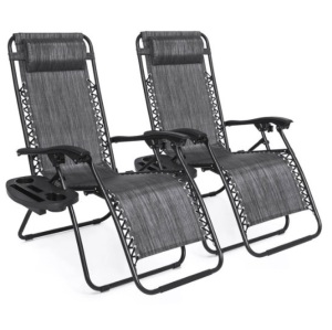 Set of 2 Adjustable Zero Gravity Patio Chair Recliners w/ Cup Holders, Gray