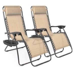 Set of 2 Adjustable Zero Gravity Patio Chair Recliners w/ Cup Holders, Sand