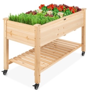 Mobile Raised Garden Bed Elevated Wood Planter w/ Wheels, Storage Shelf