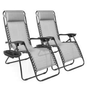 Set of 2 Adjustable Zero Gravity Patio Chair Recliners w/ Cup Holders, Ice Gray