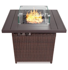 32in Fire Pit Table 50,000 BTU Wicker Propane w/ Wind Guard, Cover, Brown