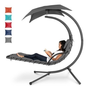 Hanging Curved Chaise Lounge Chair w/ Built-In Pillow, Removable Canopy, Charcoal Gray