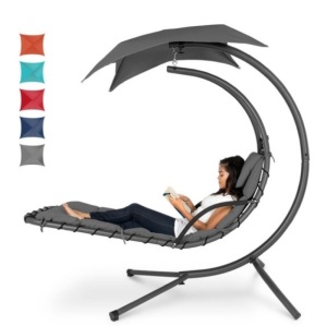 Hanging Curved Chaise Lounge Chair w/ Built-In Pillow, Removable Canopy, Charcoal Gray