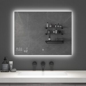 BYECOLD Horizontal Vanity Touch Switch Bathroom Mirror Weather Forecast, LED Illuminate Light Demist/Defogging Makeup Wall Mirror with Calendar Time Date Temperature Humidity Display-31.5’’x23.6’’ 