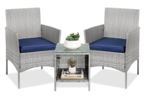 3-Piece Outdoor Patio Wicker Bistro Set w/ Side Storage Table, Gray/Navy