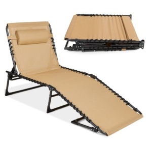 Portable Patio Chaise Lounge Chair Outdoor Recliner w/ Pillow, Tan