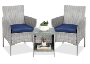 3-Piece Outdoor Patio Wicker Bistro Set w/ Side Storage Table, Gray/Navy