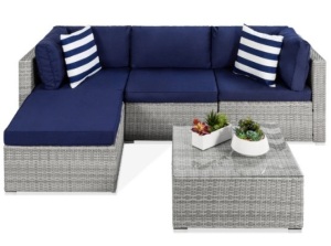 5-Piece Modular Wicker Sectional Conversation Set w/ 2 Pillows, Coffee Table