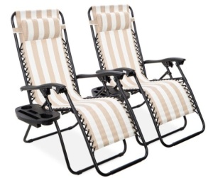 Set of 2 Adjustable Zero Gravity Patio Chair Recliners w/ Cup Holders, Tan Striped