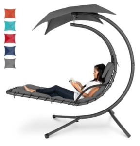 Hanging Curved Chaise Lounge Chair w/ Built-In Pillow, Removable Canopy, Charcoal Gray