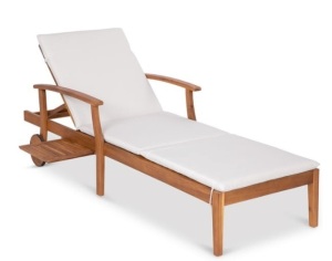 Adjustable Acacia Wood Chaise Lounge Chair w/ Side Table, Wheels - 79x26in, Cream