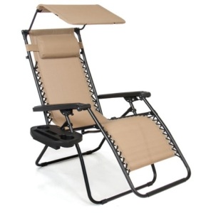 Folding Zero Gravity Recliner Patio Lounge Chair w/ Canopy, Side Tray, Beige