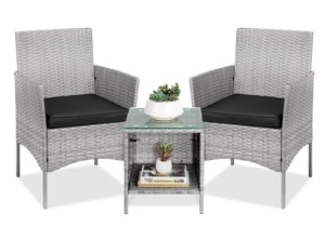 3-Piece Outdoor Patio Wicker Bistro Set w/ Side Storage Table, Gray/Black