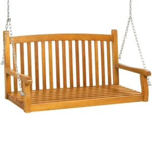 Wooden Curved Back Hanging Porch Swing Bench w/ Mounting Chains - 48in