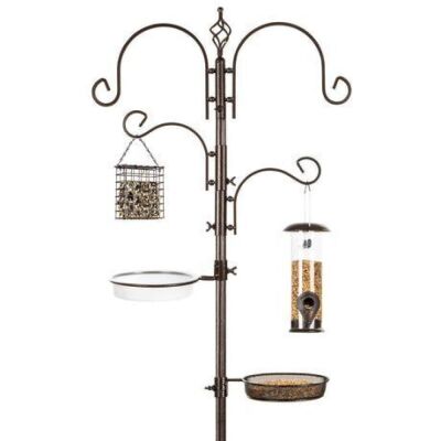 4-Hook Bird Feeding Station, Steel Feeder Stand w/ 2 Bird Feeders - 91in