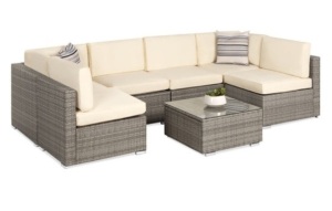 7-Piece Modular Wicker Sectional Conversation Set w/ 2 Pillows, Cover, Gray/Cream