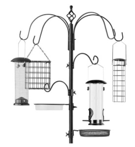 Bird Feeding Station, 6-Hook Steel Multi-Feeder Stand w/ 4 Feeders - 89in, Black