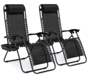 Set of 2 Adjustable Zero Gravity Patio Chair Recliners w/ Cup Holders, Black