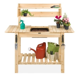 Wood Garden Potting Bench w/ Sliding Tabletop, Food Grade Dry Sink