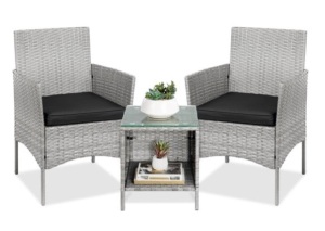 3-Piece Outdoor Patio Wicker Bistro Set w/ Side Storage Table, Gray/Black