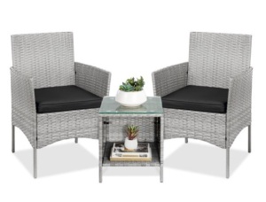 3-Piece Outdoor Patio Wicker Bistro Set w/ Side Storage Table, Gray/Black