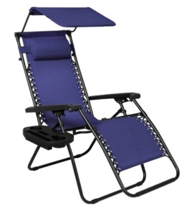 Folding Zero Gravity Recliner Patio Lounge Chair w/ Canopy, Side Tray, Navy Blue