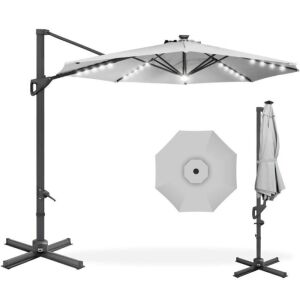 10ft 360-Degree Solar LED Cantilever Offset Patio Umbrella w/ Tilt & 4-Piece Umbrella Stand Square Base Plate Set