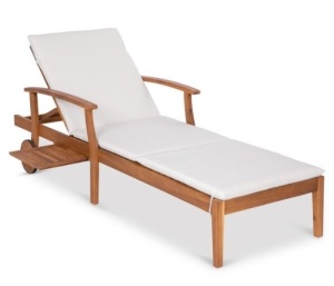 Adjustable Acacia Wood Chaise Lounge Chair w/ Side Table, Wheels - 79x26in, Cream