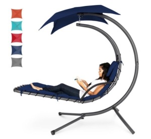 Hanging Curved Chaise Lounge Chair w/ Built-In Pillow, Removable Canopy, Navy Blue