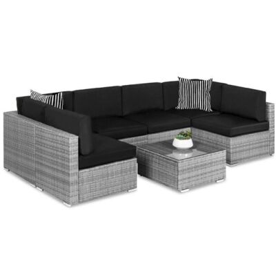 7-Piece Modular Wicker Sectional Conversation Set w/ 2 Pillows, Cover