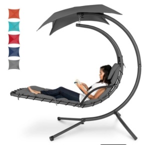 Hanging Curved Chaise Lounge Chair w/ Built-In Pillow, Removable Canopy, Charcoal Gray