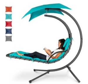 Hanging Curved Chaise Lounge Chair w/ Built-In Pillow, Removable Canopy, Blue