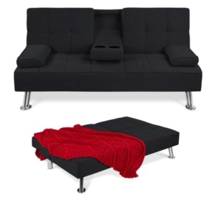 Linen Upholstered Convertible Sofa Bed Futon w/ 2 Cupholders, Black