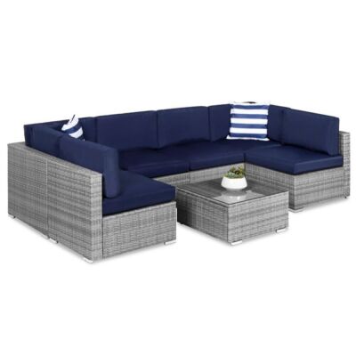 7-Piece Modular Wicker Sectional Conversation Set w/ 2 Pillows, Cover