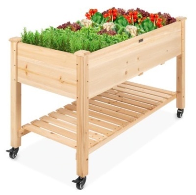 Mobile Raised Garden Bed Elevated Wood Planter w/ Wheels, Storage Shelf