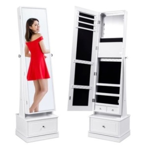 360 Swivel Mirrored Jewelry Cabinet Armoire w/ LED Lights, Mirror, White