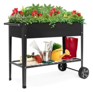 Elevated Metal Garden Bed for Backyard w/ Wheels, Shelf 